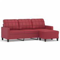 vidaXL Sofá 3 lugares c/ apoio pés 180 cm couro artif. vermelho tinto