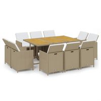 vidaXL 11-tlg. Garten-Essgruppe mit Kissen Poly Rattan Beige