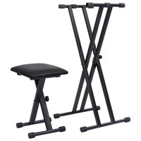 vidaXL Double Braced Keyboard Stand and Stool Set Black