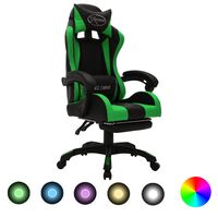 vidaXL biroja krēsls, RGB LED gaismas, zaļa un melna mākslīgā āda